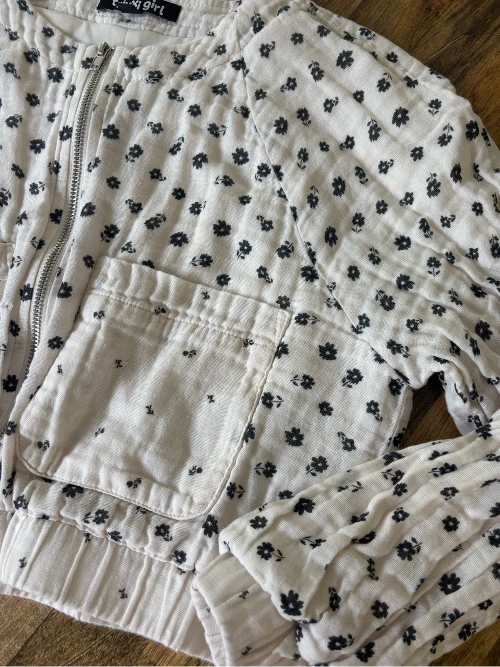 Trixxi Girl Cream Zip up Linen Muslin Bomber Jacket with Black Floral Print
